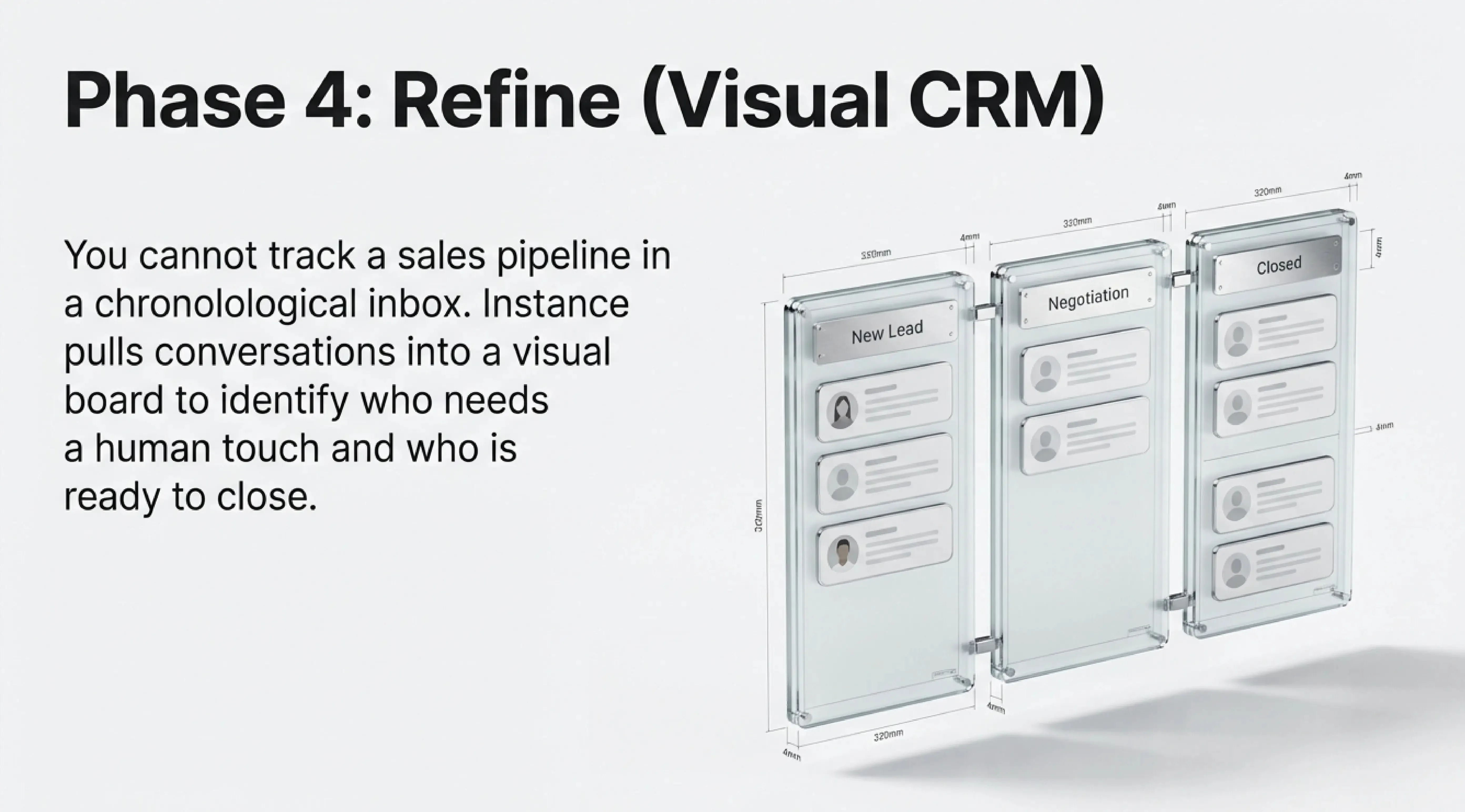 Refining the Blueprint – Follow-Up, CRM and Optimization. If you open your standard Instagram inbox right now, it's a mess. It's hard to keep up and see where each person is in the sales process. Instance pulls conversations into a visual board to identify who needs a human touch and who is ready to close.